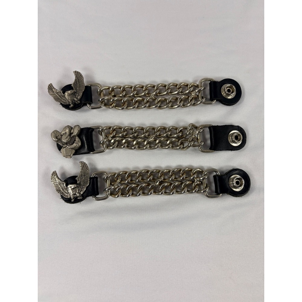 Biker Vest Extender Set 3pc Eagle Skull Leather Chain Silver Tone Snap Accessory